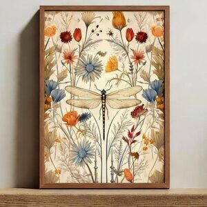Dragonfly Botanical Floral Wall Decor Framed Canvas Boho Bohemian Farmhouse